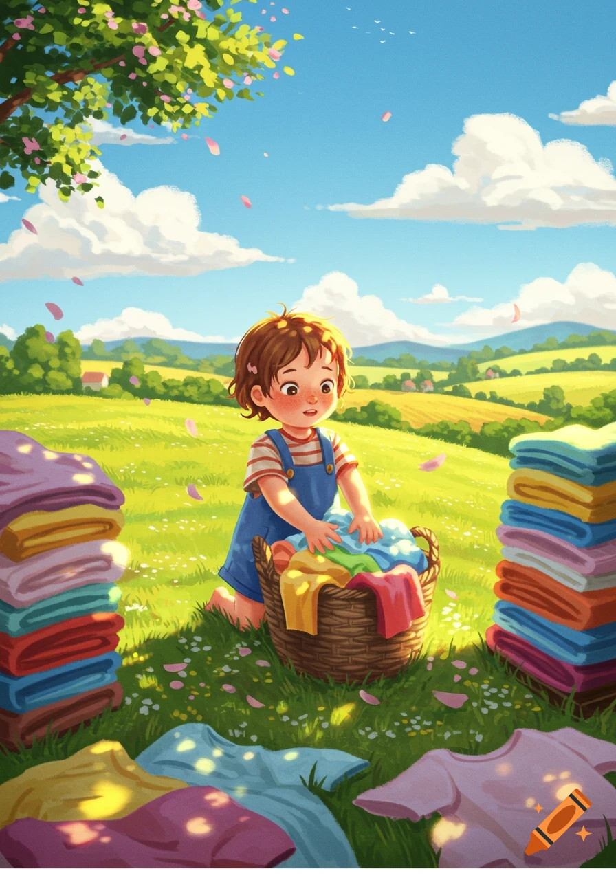 Whimsical illustration: A child kneels in a sunny green field, sorting colorful laundry into a basket.