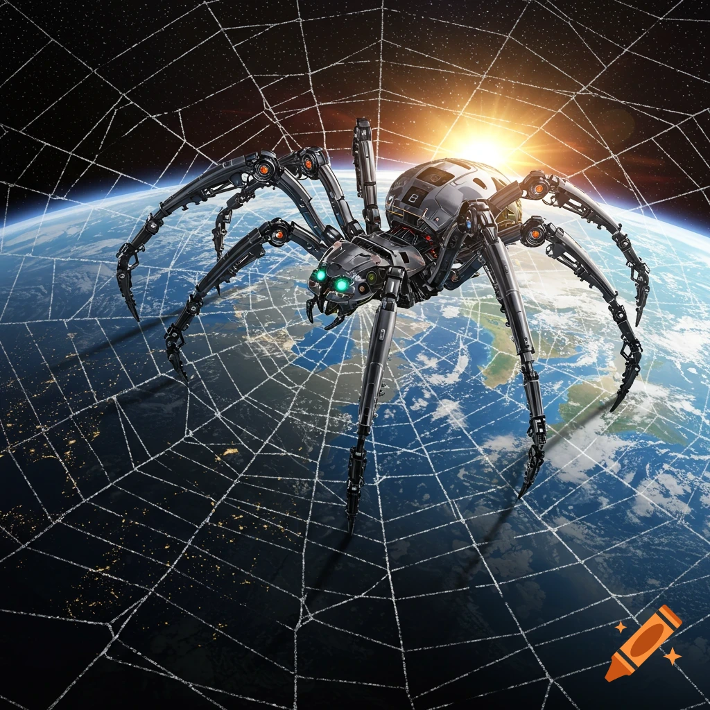 A detailed robotic spider with glowing green eyes rests on a giant spider web spun around Earth, set against a starry space background with a sunburst.
