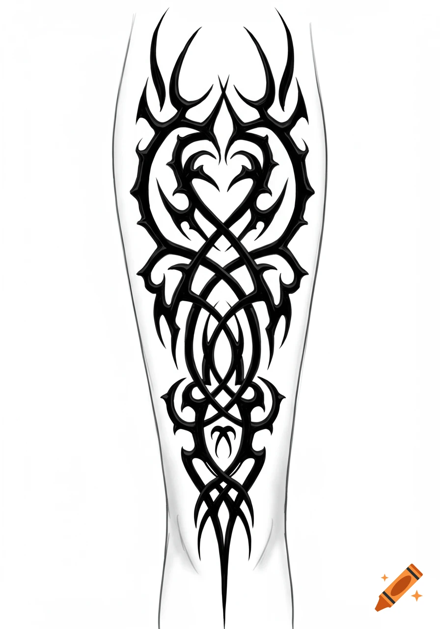 Symmetrical gothic tribal tattoo with black thorns weaving on a thigh.