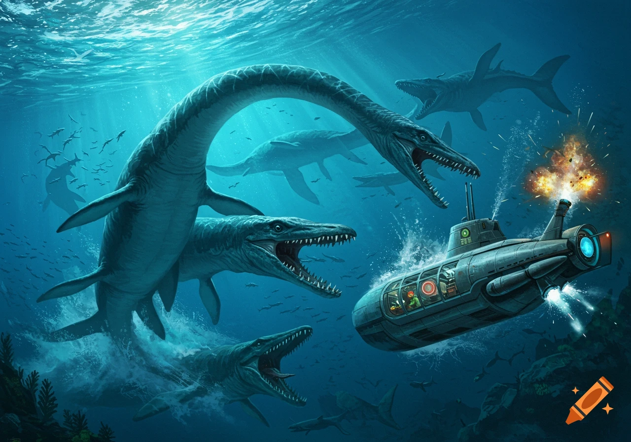 An underwater scene depicts a futuristic submarine under attack by multiple giant mosasaurs, with an explosion at its rear.