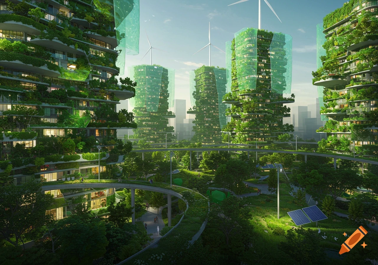 Photorealistic image of a futuristic green city with lush vegetation on skyscrapers, elevated walkways, wind turbines, and solar panels.
