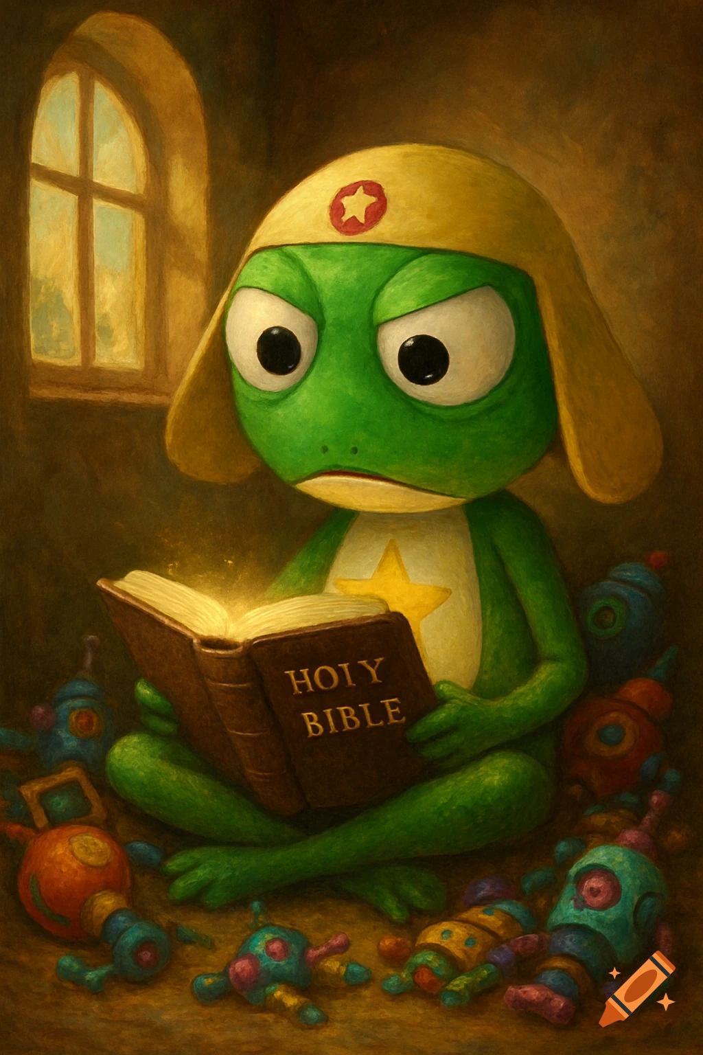 A serious green frog in a yellow hat reads a glowing book titled 'Holy Bible,' surrounded by colorful toys in a painterly style.