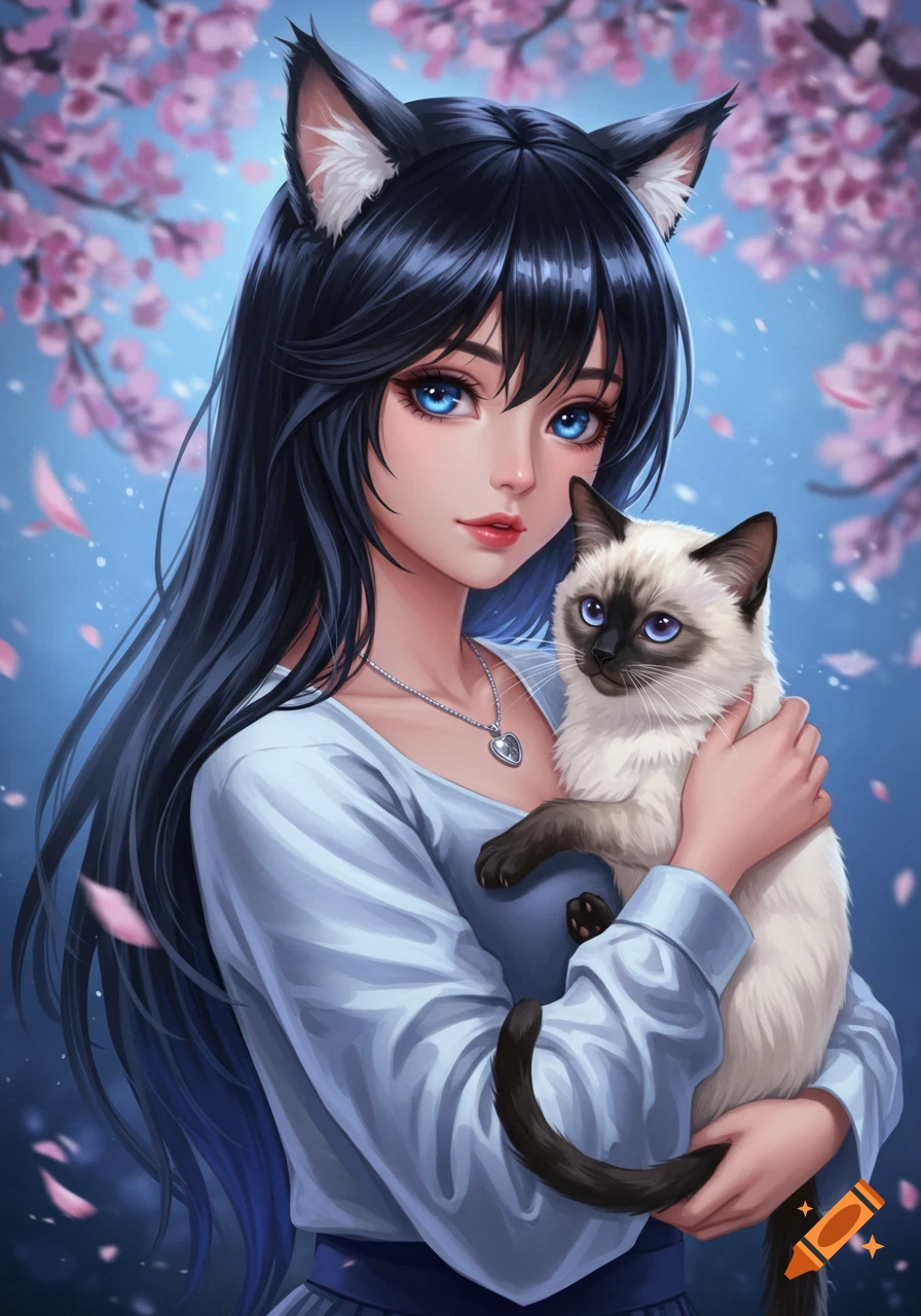 Anime girl with long black hair, blue eyes, and cat ears, holding a Siamese cat, surrounded by pink cherry blossoms.