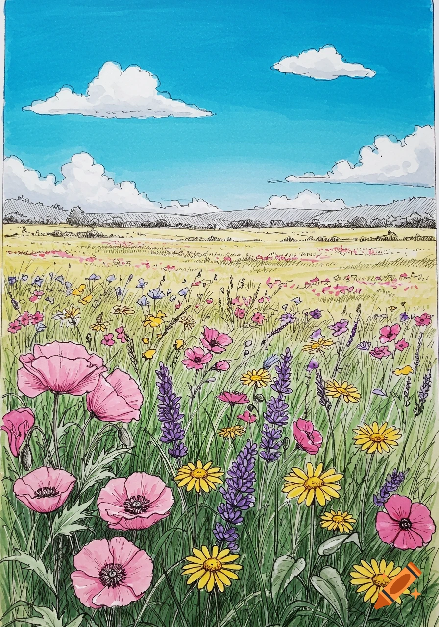 An illustration of a vibrant flower meadow with pink poppies, yellow daisies, and purple lupines under a blue sky with white clouds.