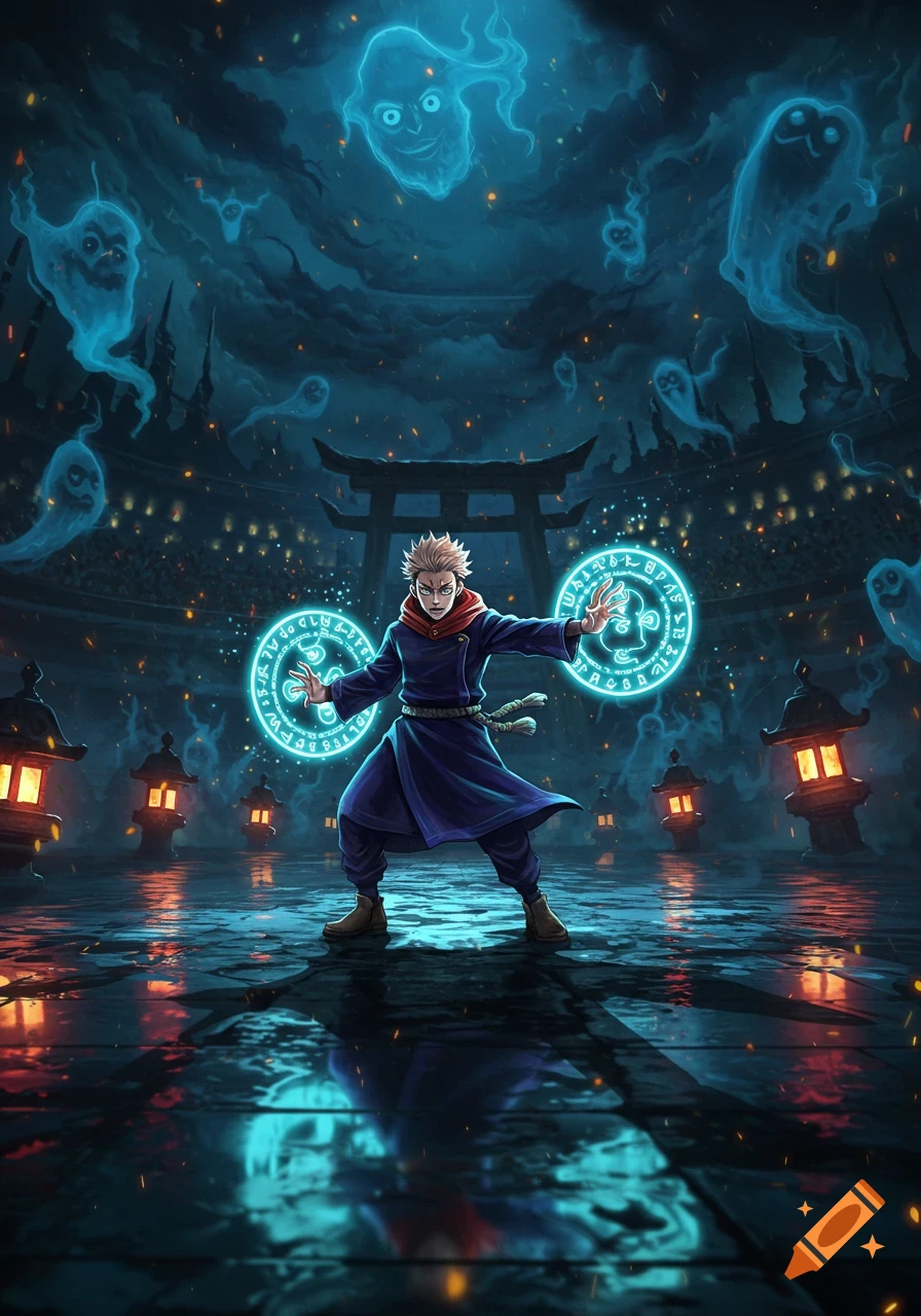 Anime character in blue cloak casts glowing magic circles in a dark, wet arena with floating blue ghosts and lanterns.