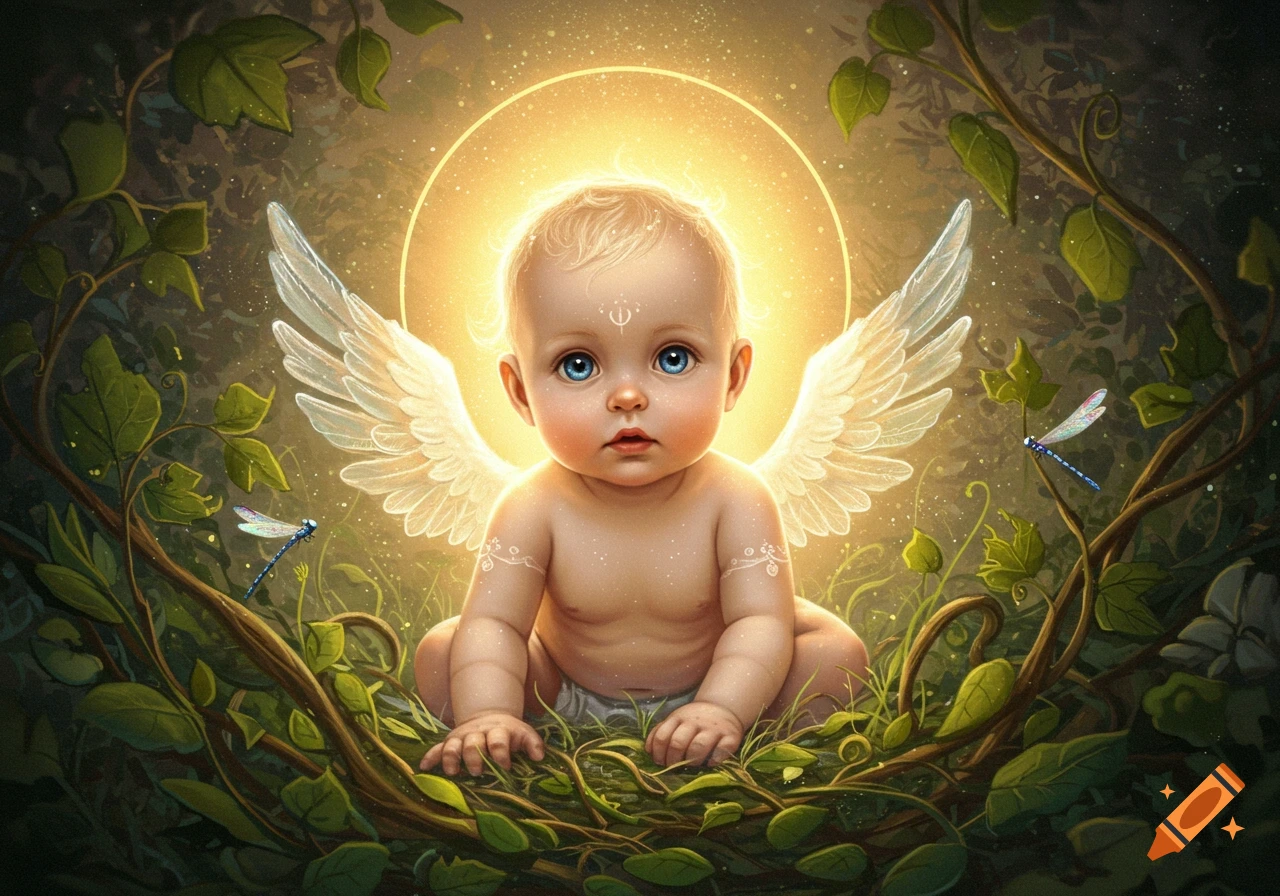 A glowing, blue-eyed baby angel with white wings and a golden halo sits in a nest of green leaves and branches with dragonflies in a fantasy style.