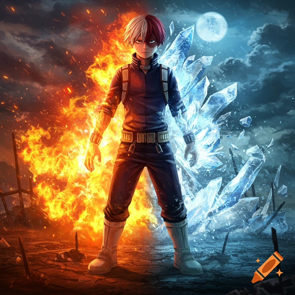 Anime character Shoto Todoroki stands with half his body engulfed in fire and the other surrounded by ice crystals, under a split sky of clouds and moon.
