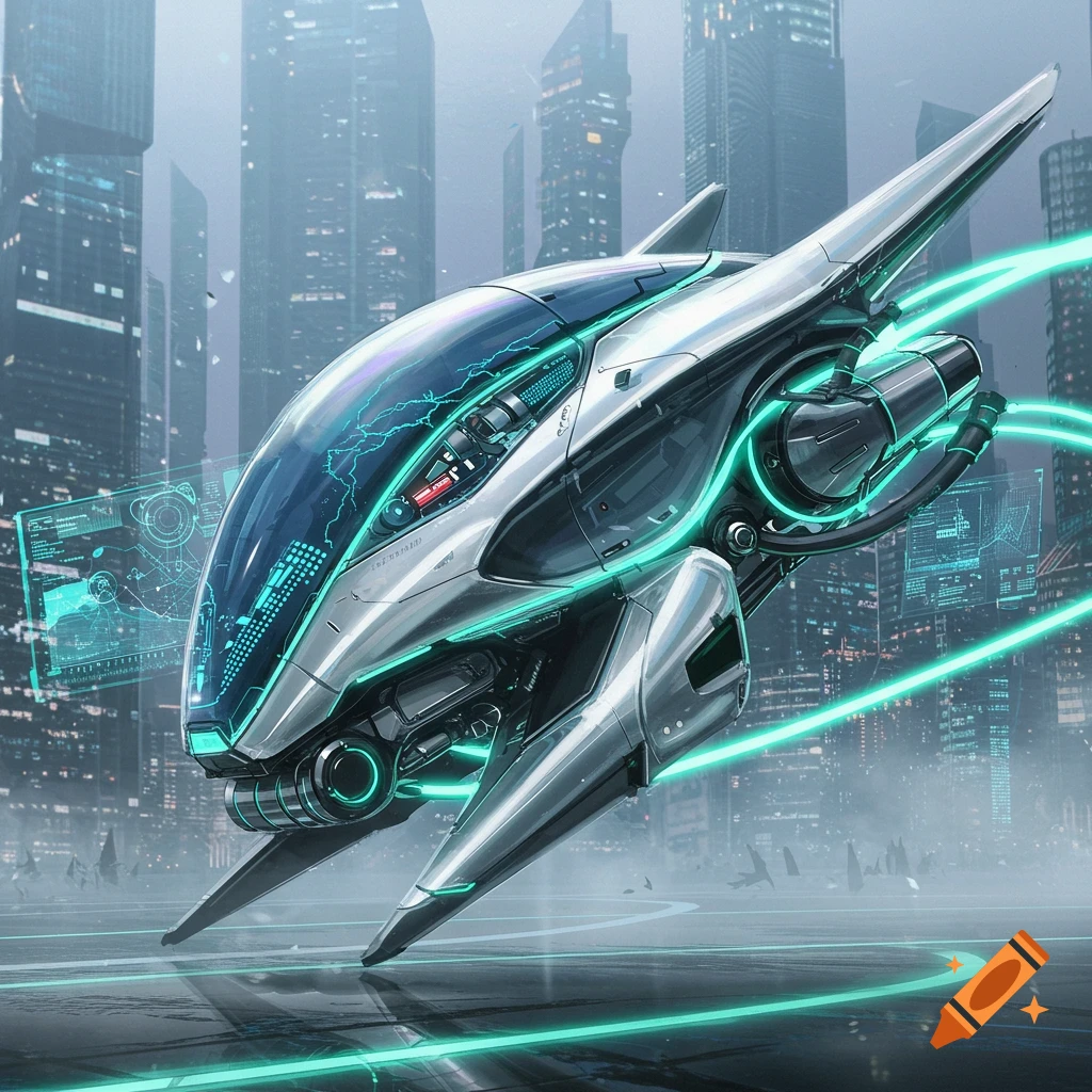 A sleek, silver and teal futuristic flying vehicle hovers above a city skyline, with glowing data displays.