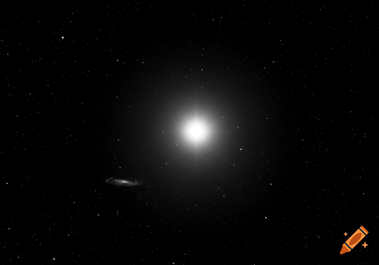 A bright, central light illuminates a vast, dark expanse of space, dotted with countless stars and a distant spiral galaxy.