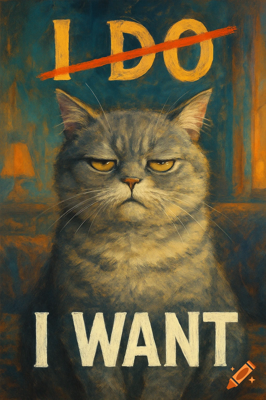 A grumpy gray cat with yellow eyes in a painterly style. Above its head, 'I DO' is crossed out, and below it, 'I WANT' is written.