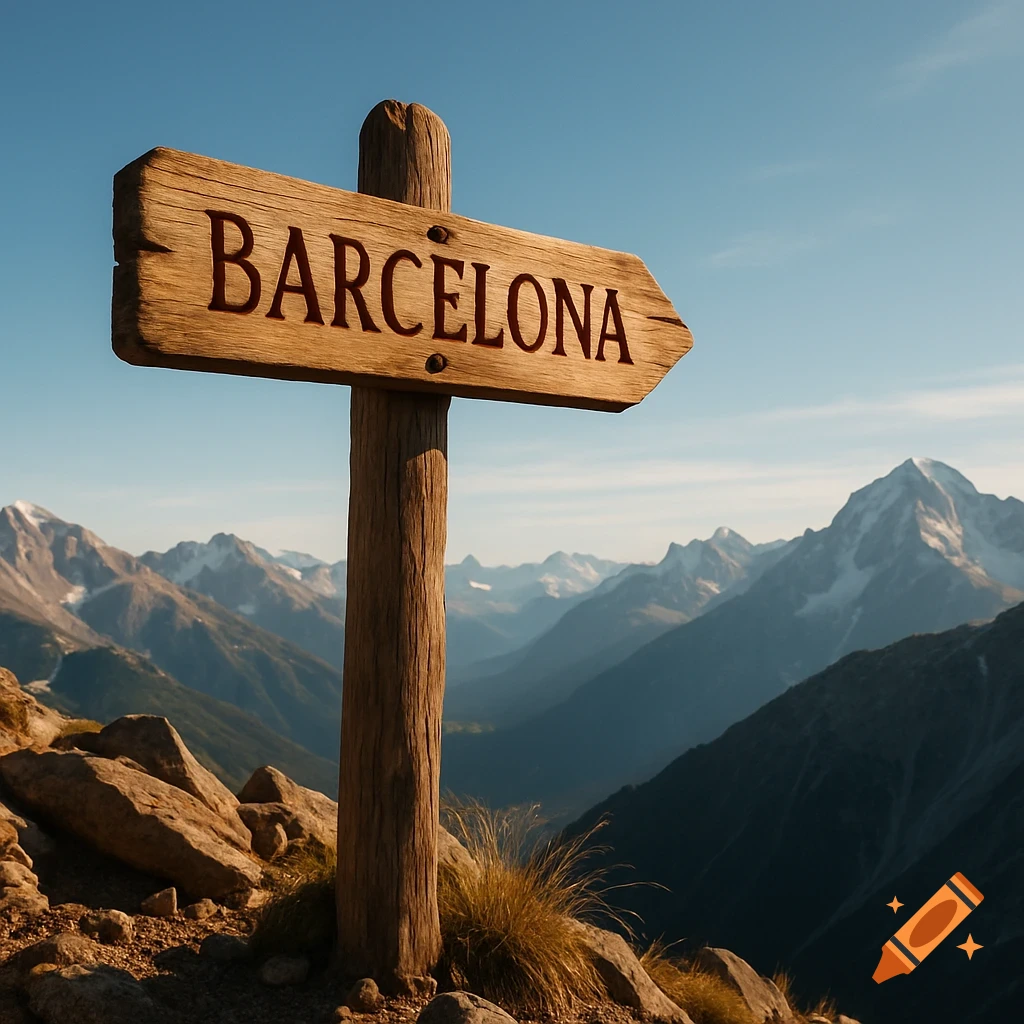 A wooden signpost reading BARCELONA points right, overlooking a vast mountain range with snowy peaks under a clear blue sky.