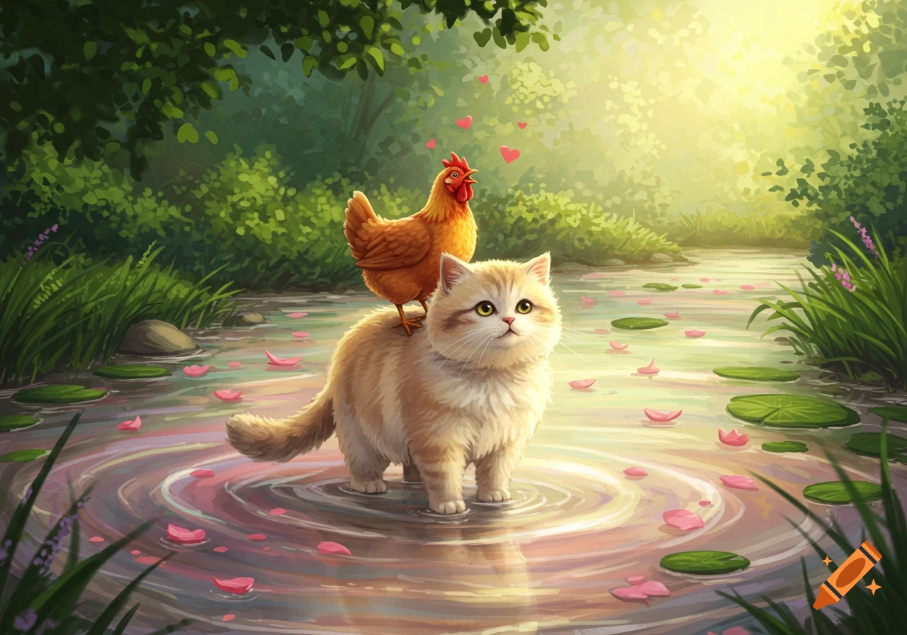 A fluffy cat stands in a petal-filled river with a singing chicken on its back, in a vibrant forest illustration.