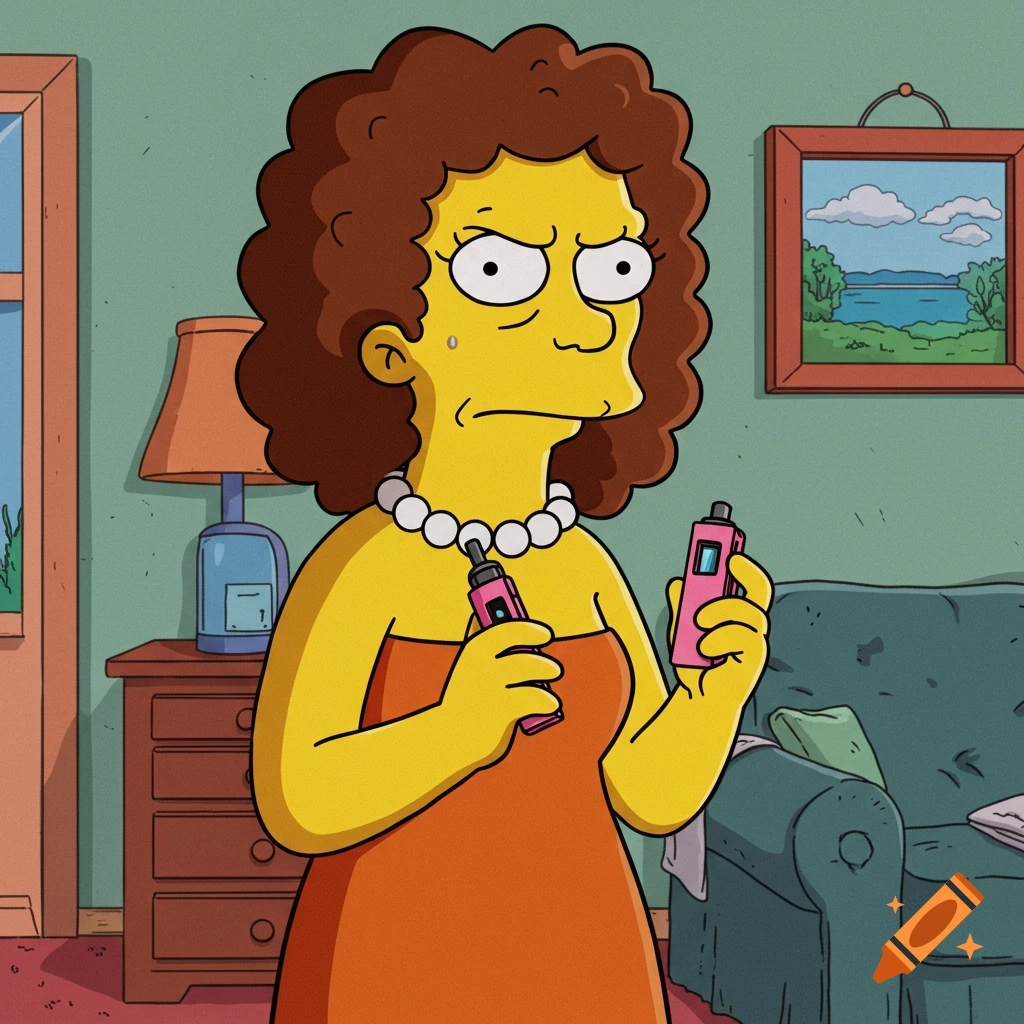 A grumpy woman in The Simpsons style, with curly brown hair and an orange dress, holding two pink vape pens in a living room.