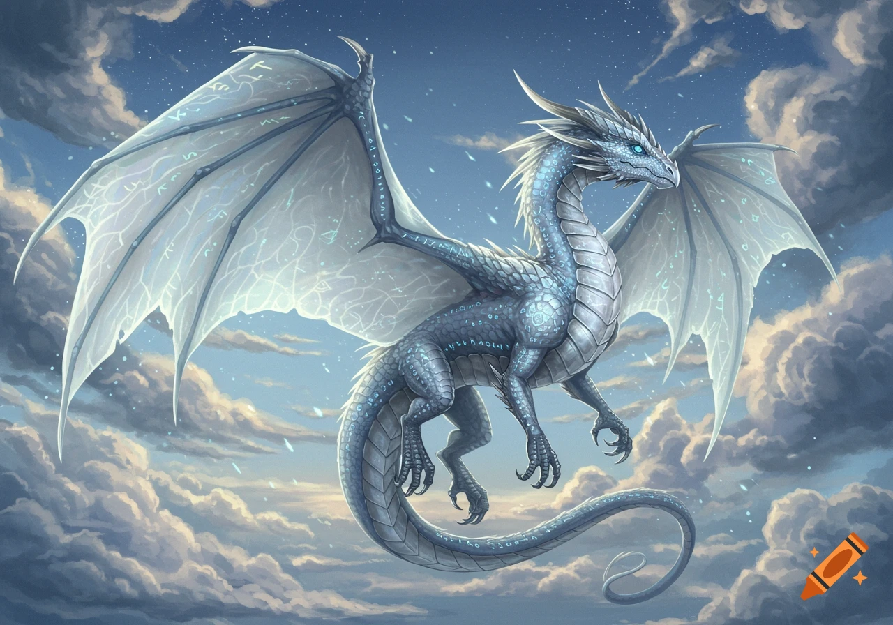 A majestic light blue-grey dragon with glowing runes on its wings and body soars through a cloudy sky.