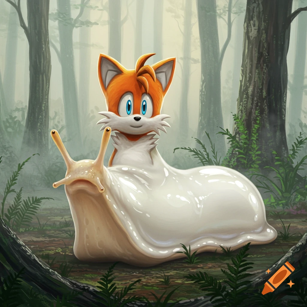 Tails the fox from Sonic with a slug's lower body, in a foggy forest.