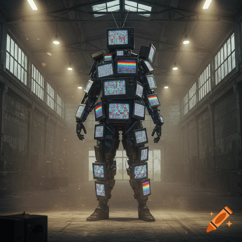 A humanoid figure constructed from many old CRT televisions, displaying static and rainbow test patterns, stands in a dusty, dimly lit warehouse.