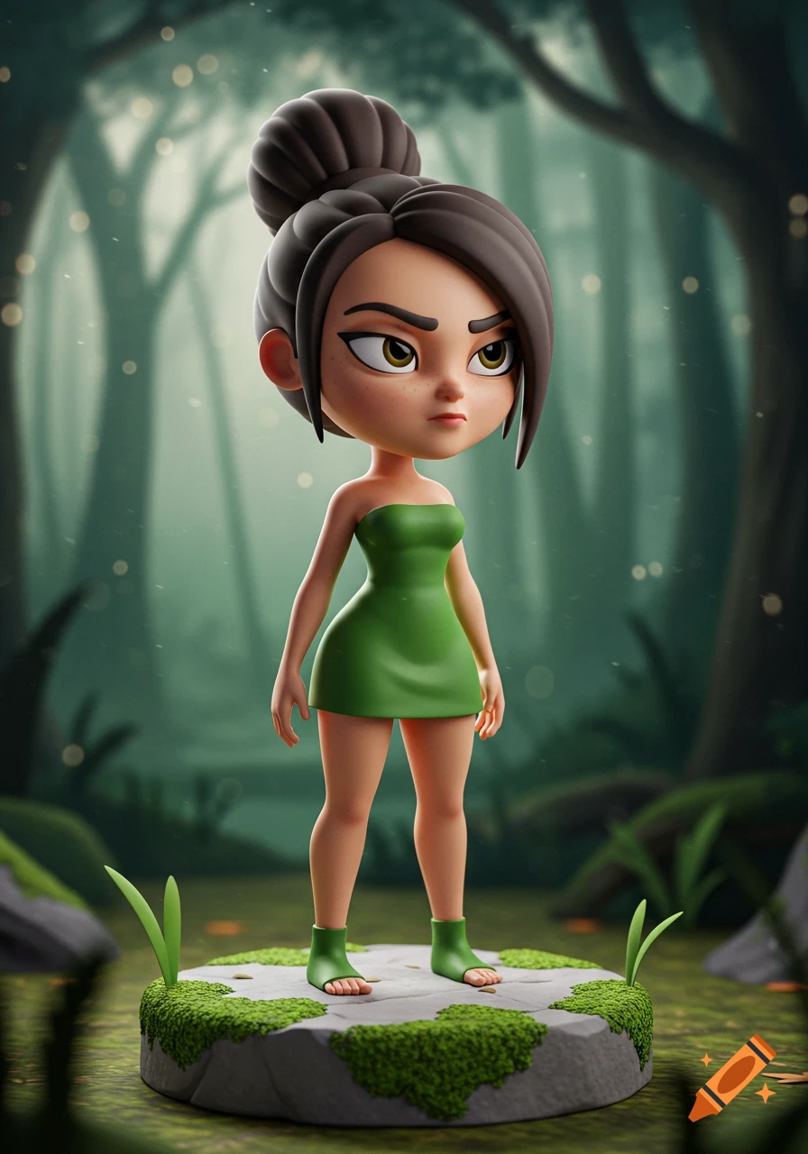 A 3D cartoon statue of a petite female figure in a green dress, with a high bun, standing on a mossy stone base in a magical forest.