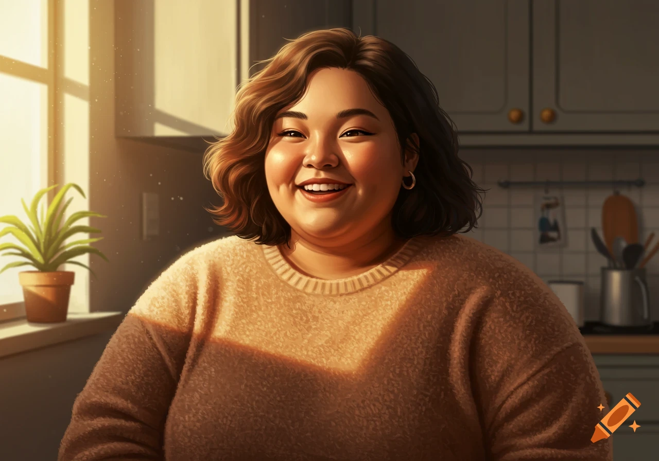 Smiling chubby woman with short brown hair in a cozy sweater, bathed in sunlight in a kitchen. Digital art.