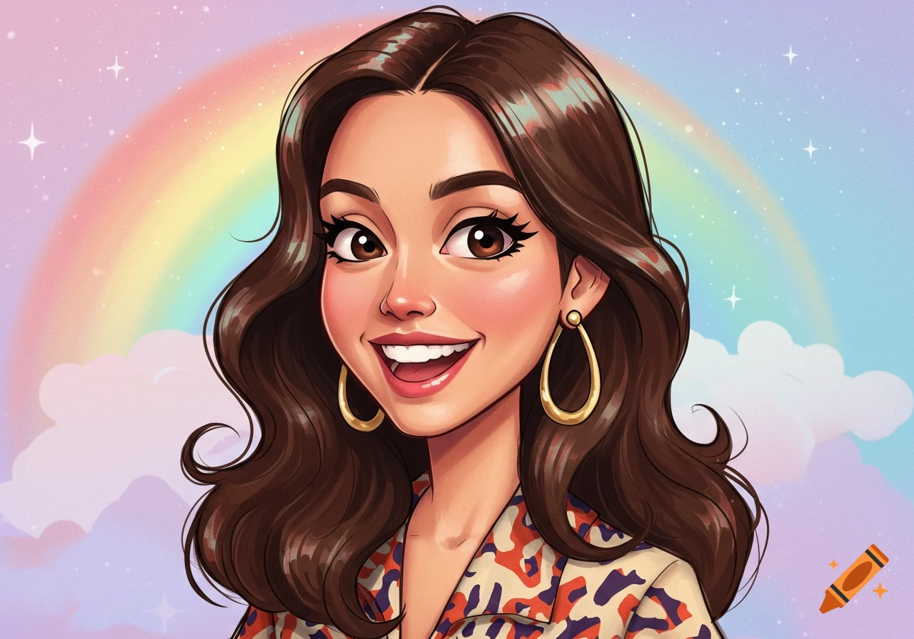 Cartoon portrait of a smiling woman with long brown hair and golden hoop earrings, against a pastel rainbow and cloud background.