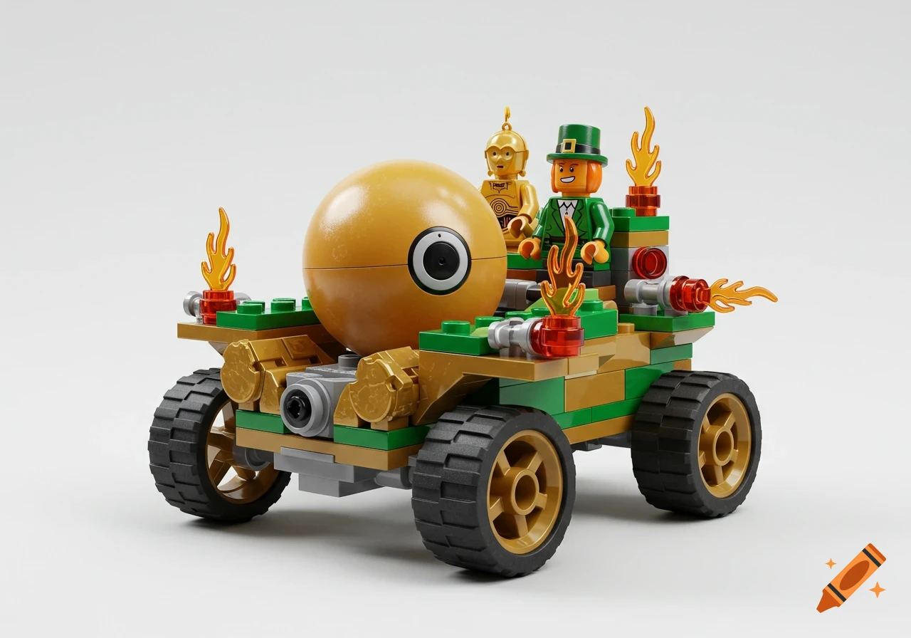 A Lego chariot made of green and gold bricks, with a gold Sphero, C3PO, and a leprechaun minifigure, on a white background.