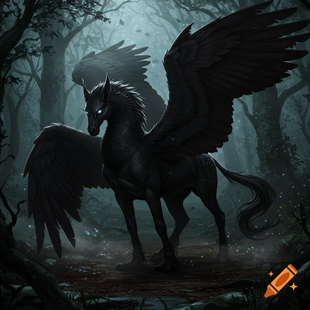A black hippogriff with glowing blue eyes stands in a dark, misty forest.