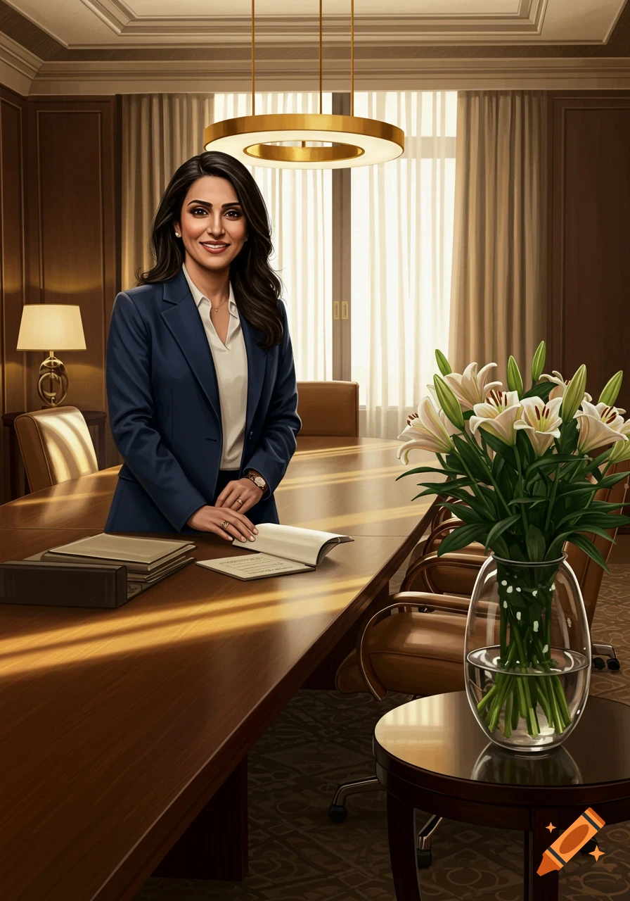 A professional woman in a dark blue suit stands smiling at a long wooden conference table in a well-lit office.