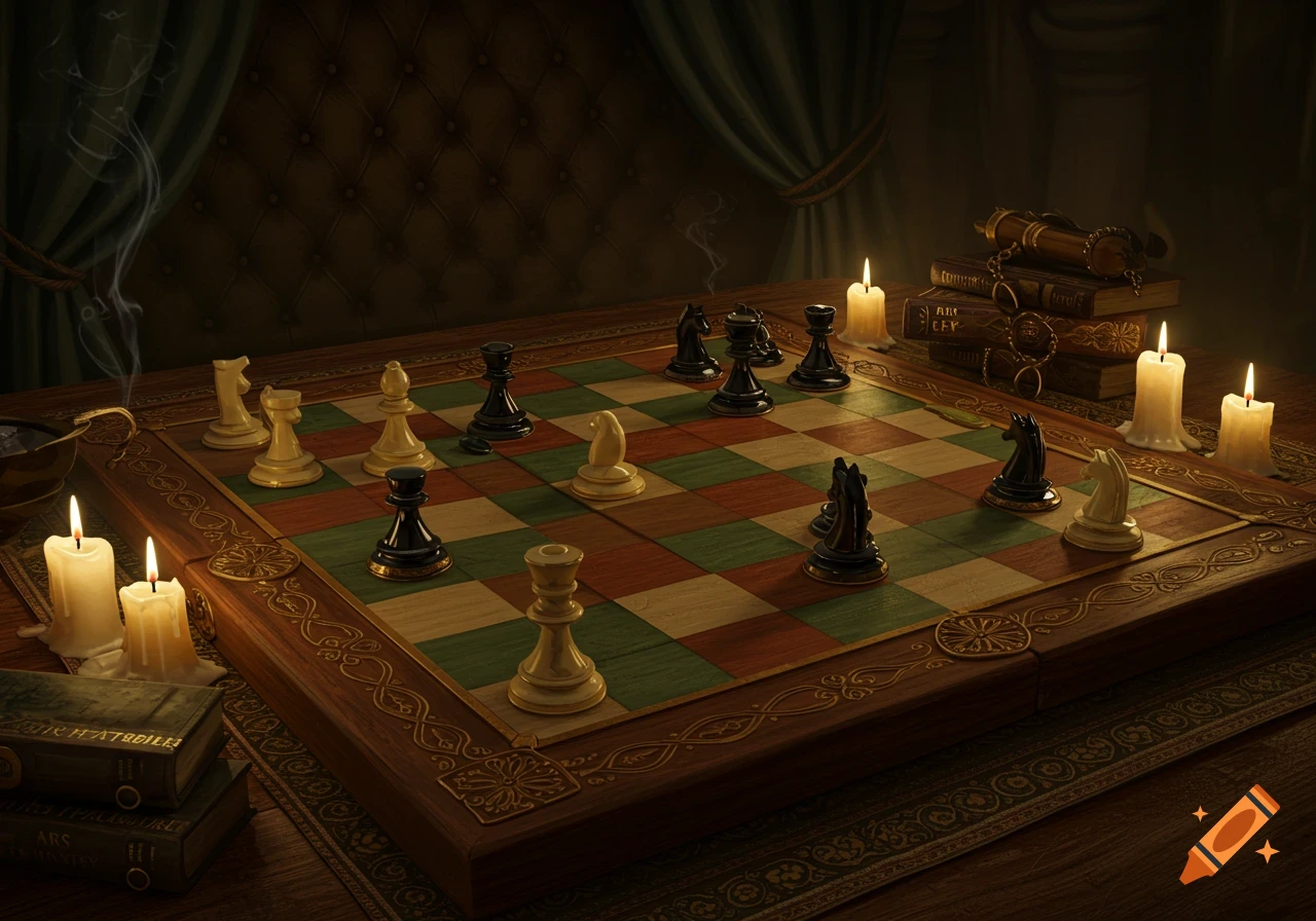A dimly lit, photorealistic scene of a chessboard with pieces, surrounded by glowing candles and old books.