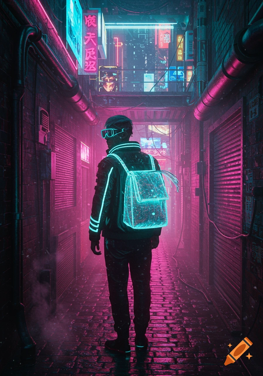 A lone figure with a glowing backpack and visor walks through a dark, neon-lit cyberpunk alley illuminated with pink and blue lights.