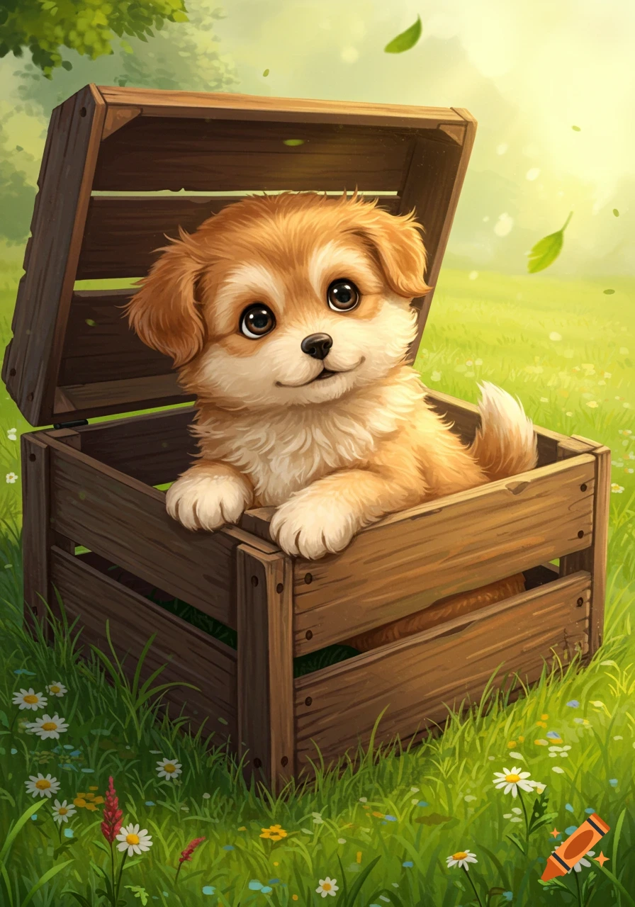 A cute, fluffy brown and white puppy sits in a wooden crate in a sunny green field with flowers and falling leaves, stylized illustration.