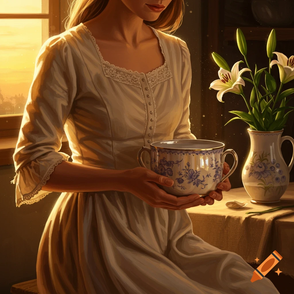 A woman in a cream-colored dress holds a decorative bowl with both hands in a warm, sunlit room, with a vase of lilies on a table beside her.