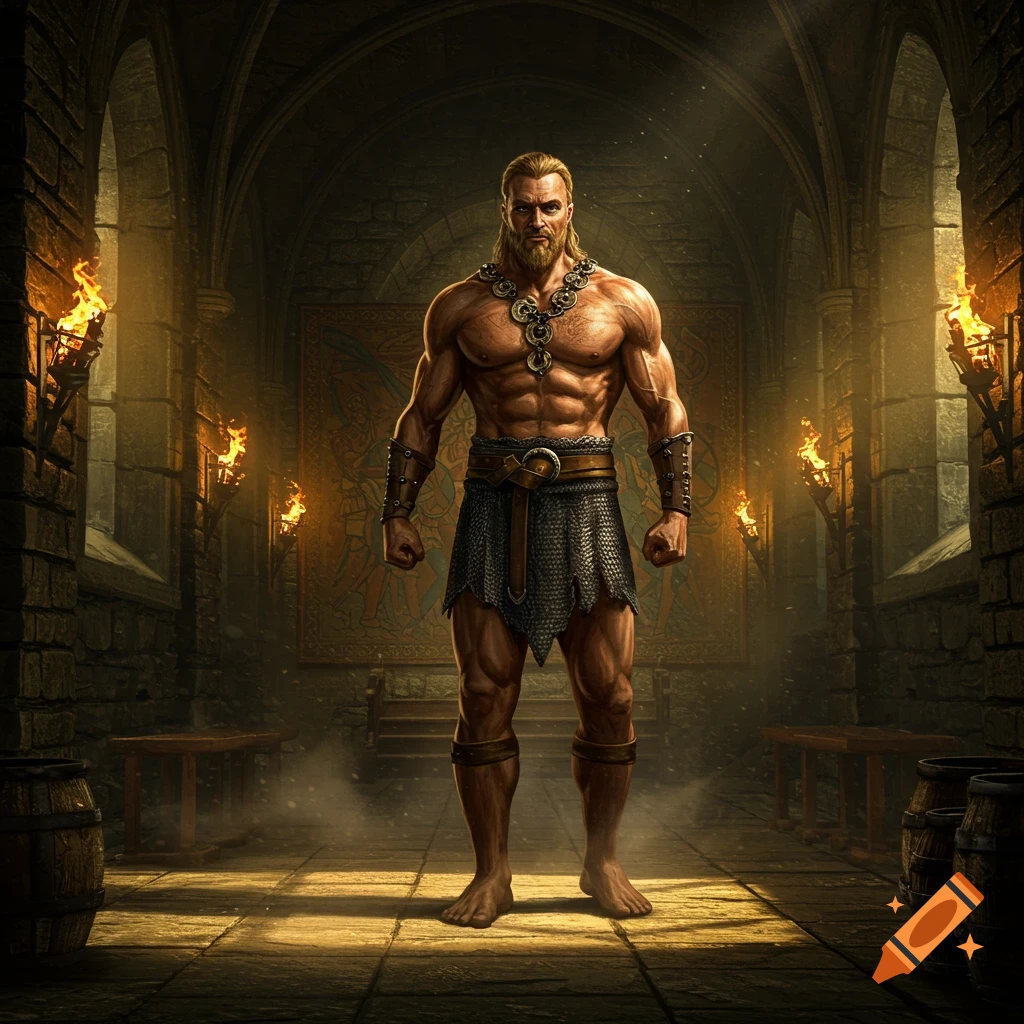A muscular, long-haired warrior resembling Beowulf stands shirtless in a torchlit stone castle hall.