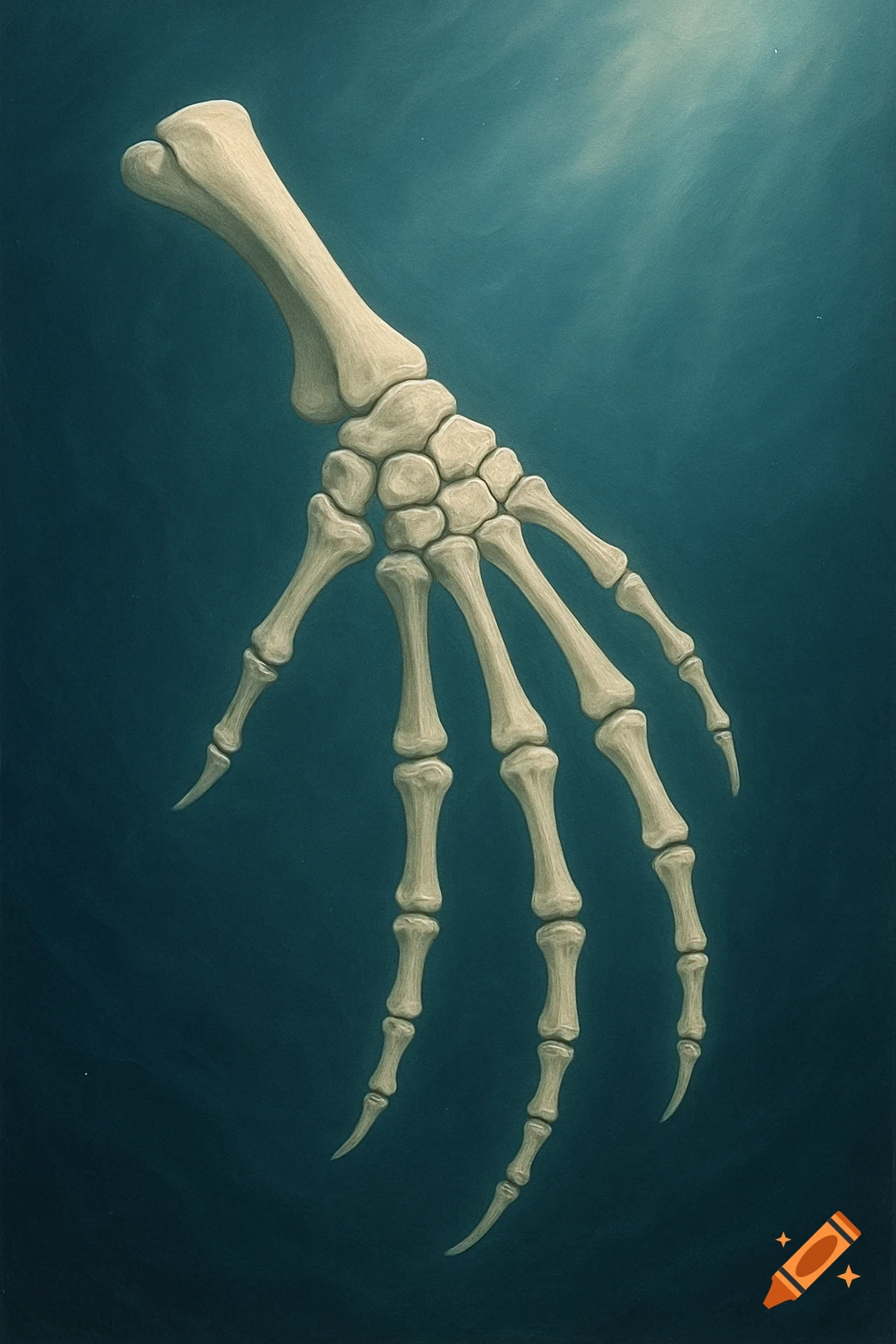 A stylized illustration of a dolphin's arm skeleton against a dark blue background with a light source from above.