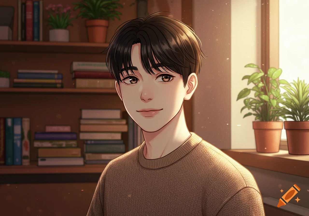 A friendly young man with dark hair and brown eyes smiles, wearing a cozy sweater, in a warm manhwa-style room with books and plants by a window.