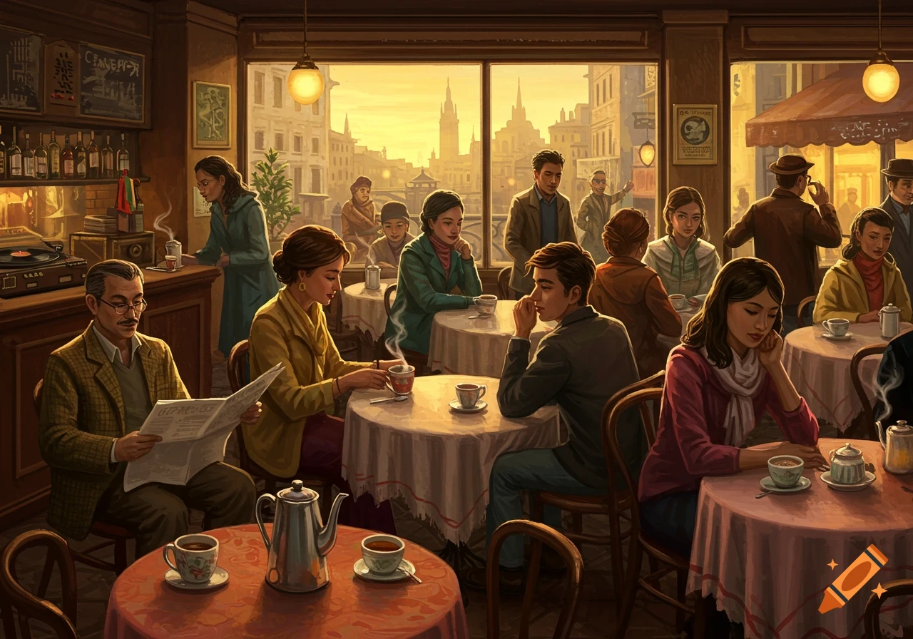 A bustling cafe with many people of various ages. Patrons sit at round tables, drinking coffee, reading newspapers, and socializing, with a cityscape visible through large windows in the background. The scene has a warm, vintage feel.