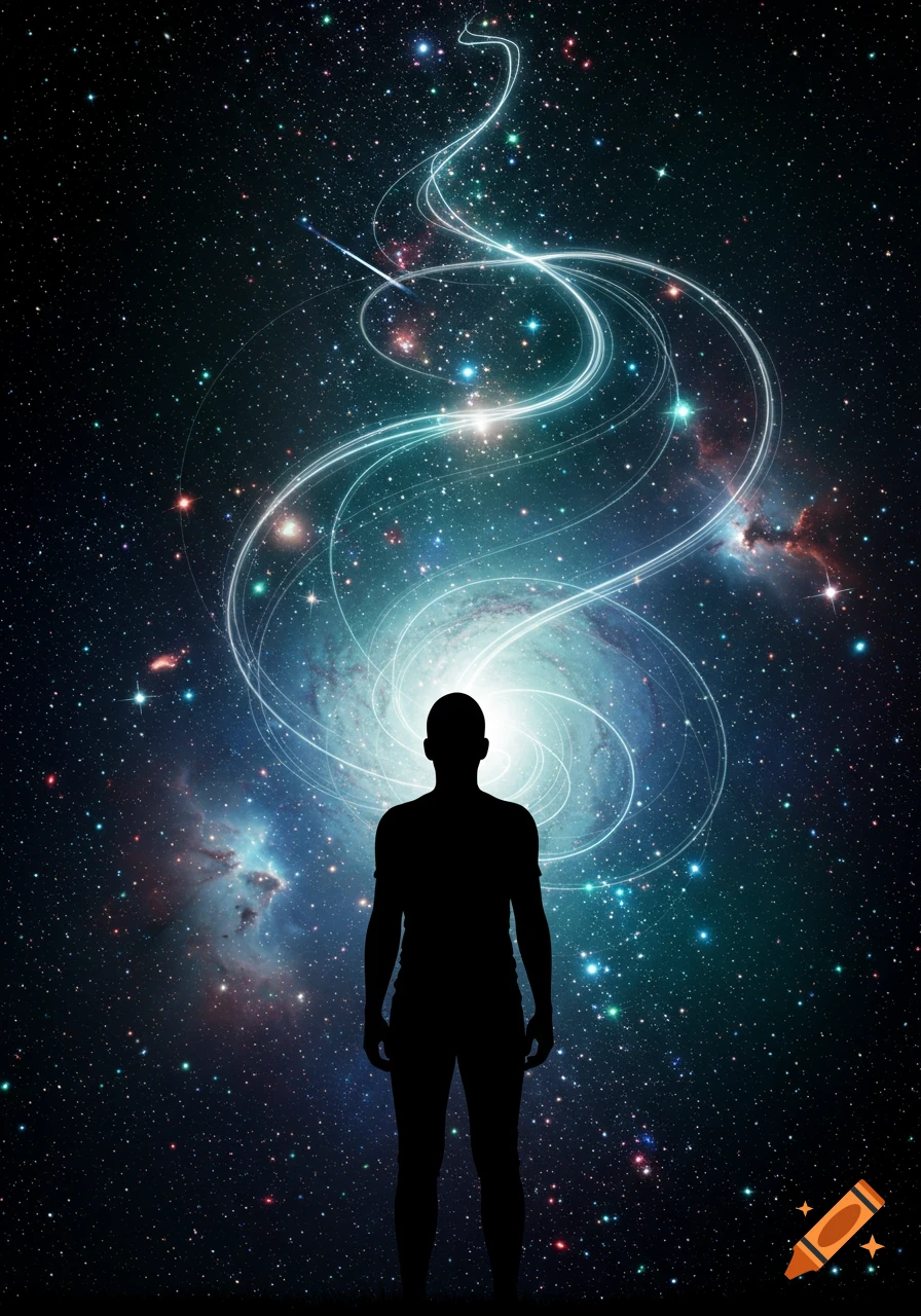 A black silhouette of a person stands against a vibrant cosmic background with a swirling galaxy and bright, ethereal light trails arcing upwards.