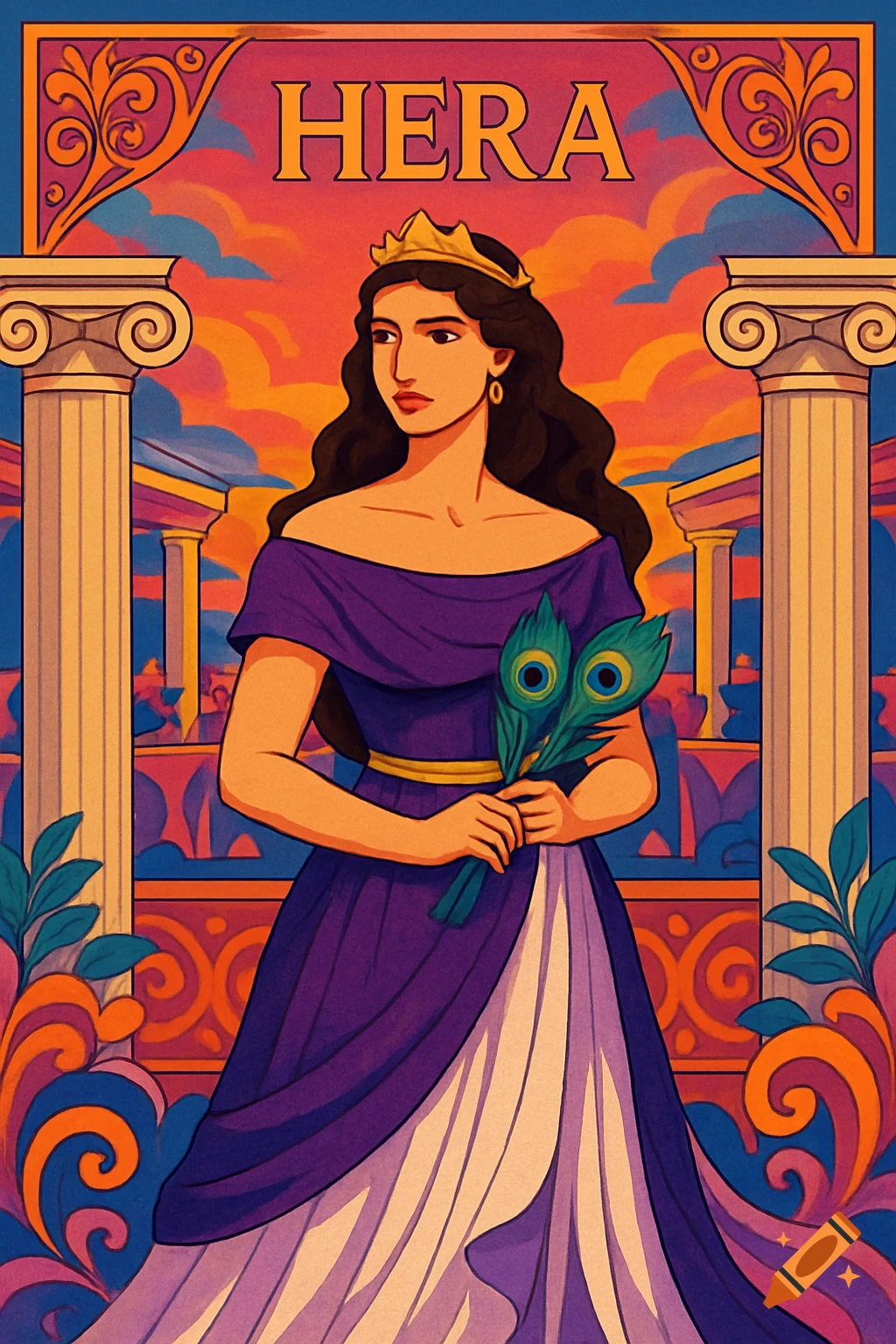 Vibrant modern drawing of Hera, the Greek goddess, in a purple dress holding peacock feathers, standing between pillars with her name "HERA" at the top.