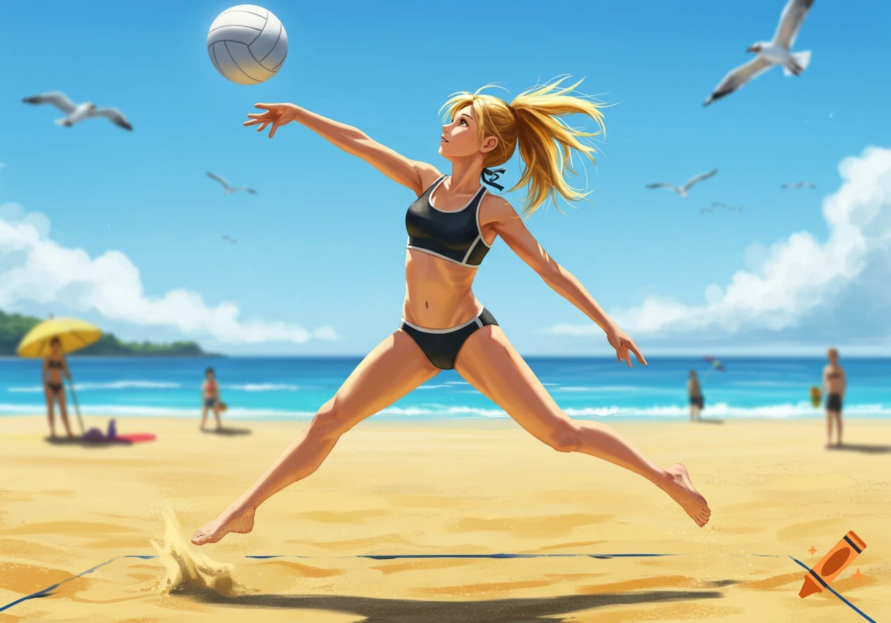 Illustrated dynamic shot of a woman in a black bikini playing volleyball on a sunny beach, jumping to hit the ball.