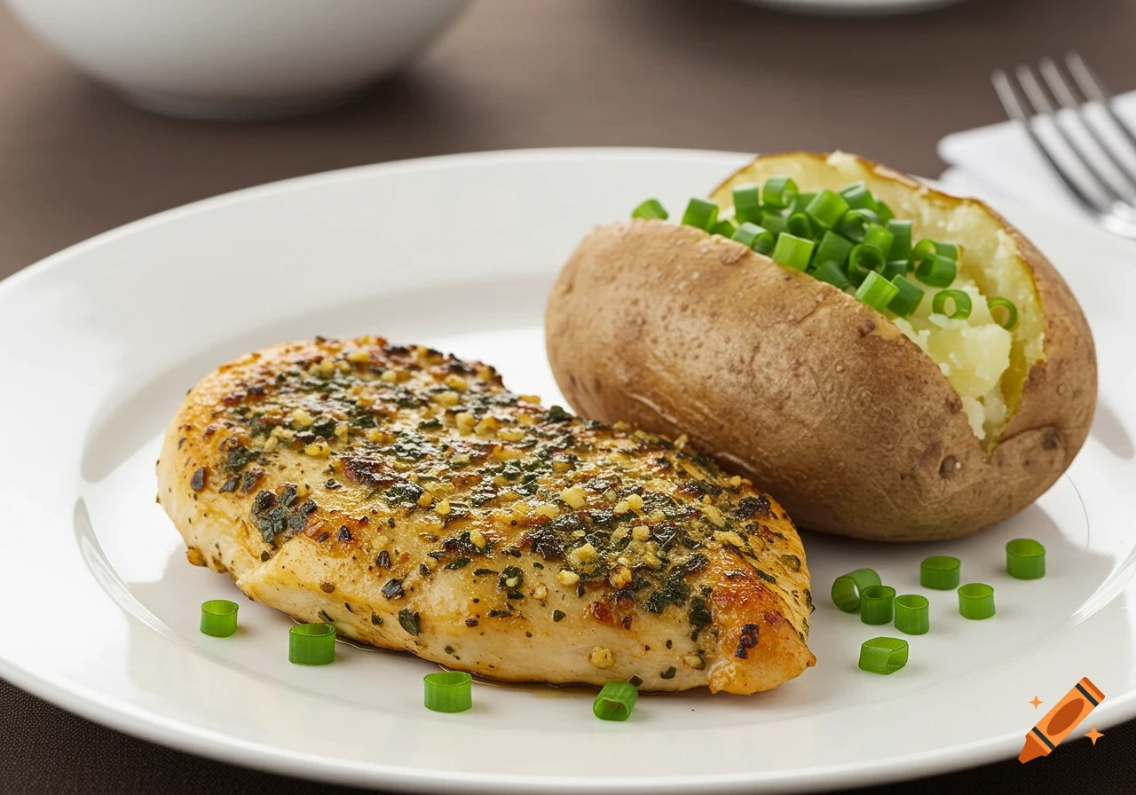 A photorealistic image of a heavily seasoned pan-seared chicken breast and a baked potato topped with chopped scallions on a white plate.