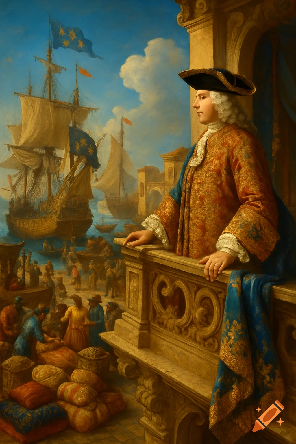 A man in 18th-century attire overlooks a bustling port with sailing ships, in a classical painting style.