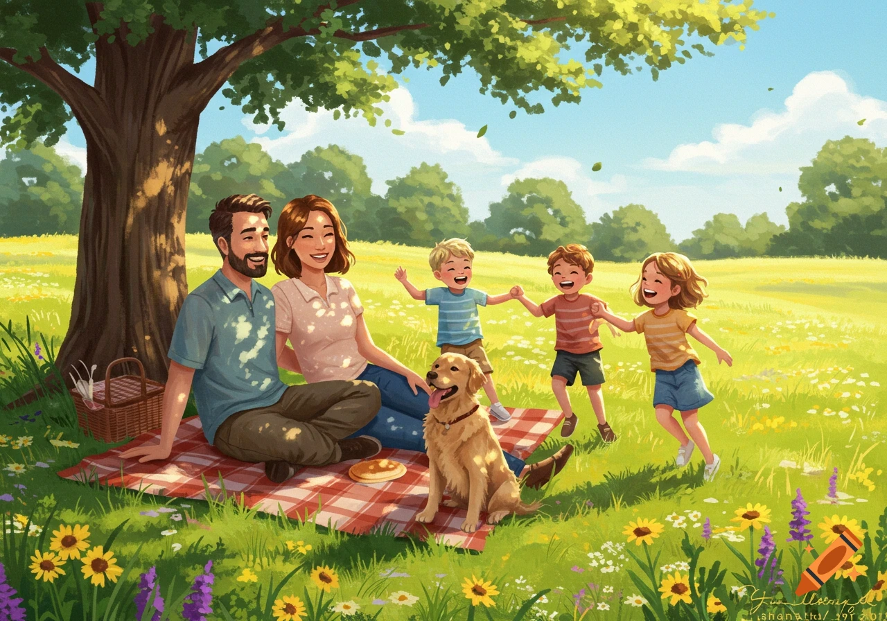 An illustration of a happy family having a picnic in a sunny park with their golden retriever. Children play nearby.