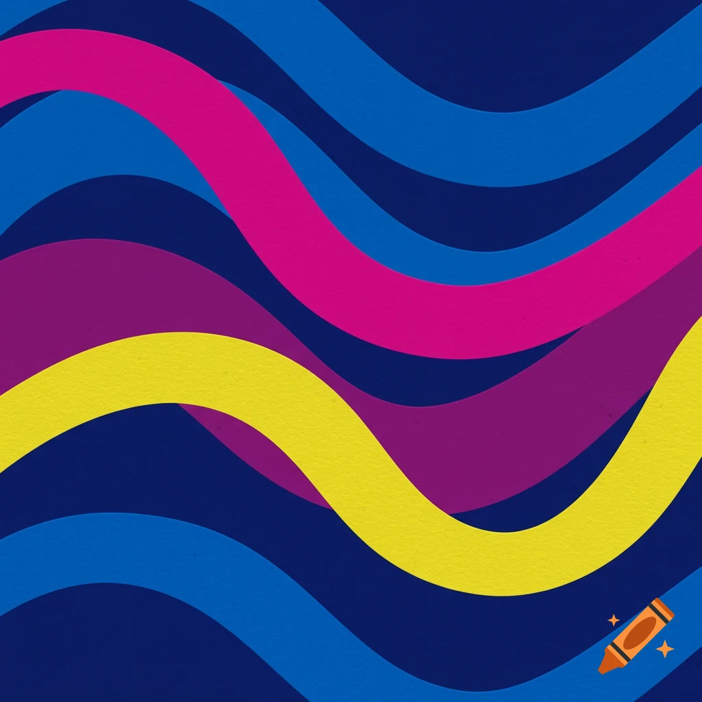 Abstract pattern of blue, dark purple, pink, and yellow wavy lines on a dark blue background with a subtle texture.