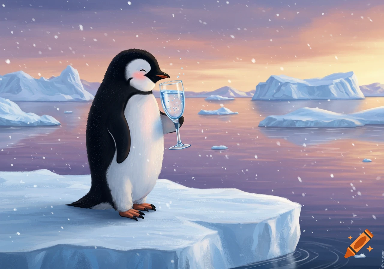 A happy cartoon penguin stands on an ice floe, holding a glass of sparkling water, with a beautiful sunset over an icy sea.