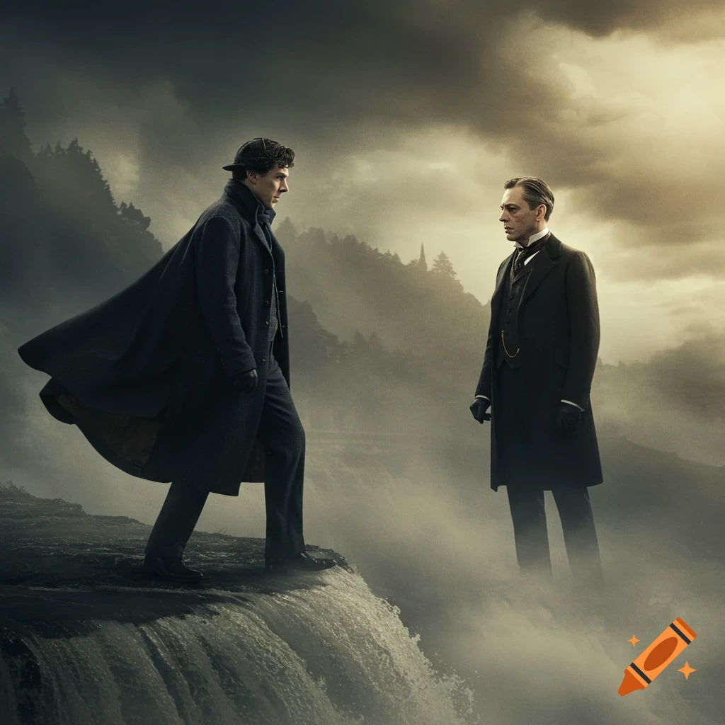 Two men in dark period coats face each other on a misty cliff edge with a waterfall below.