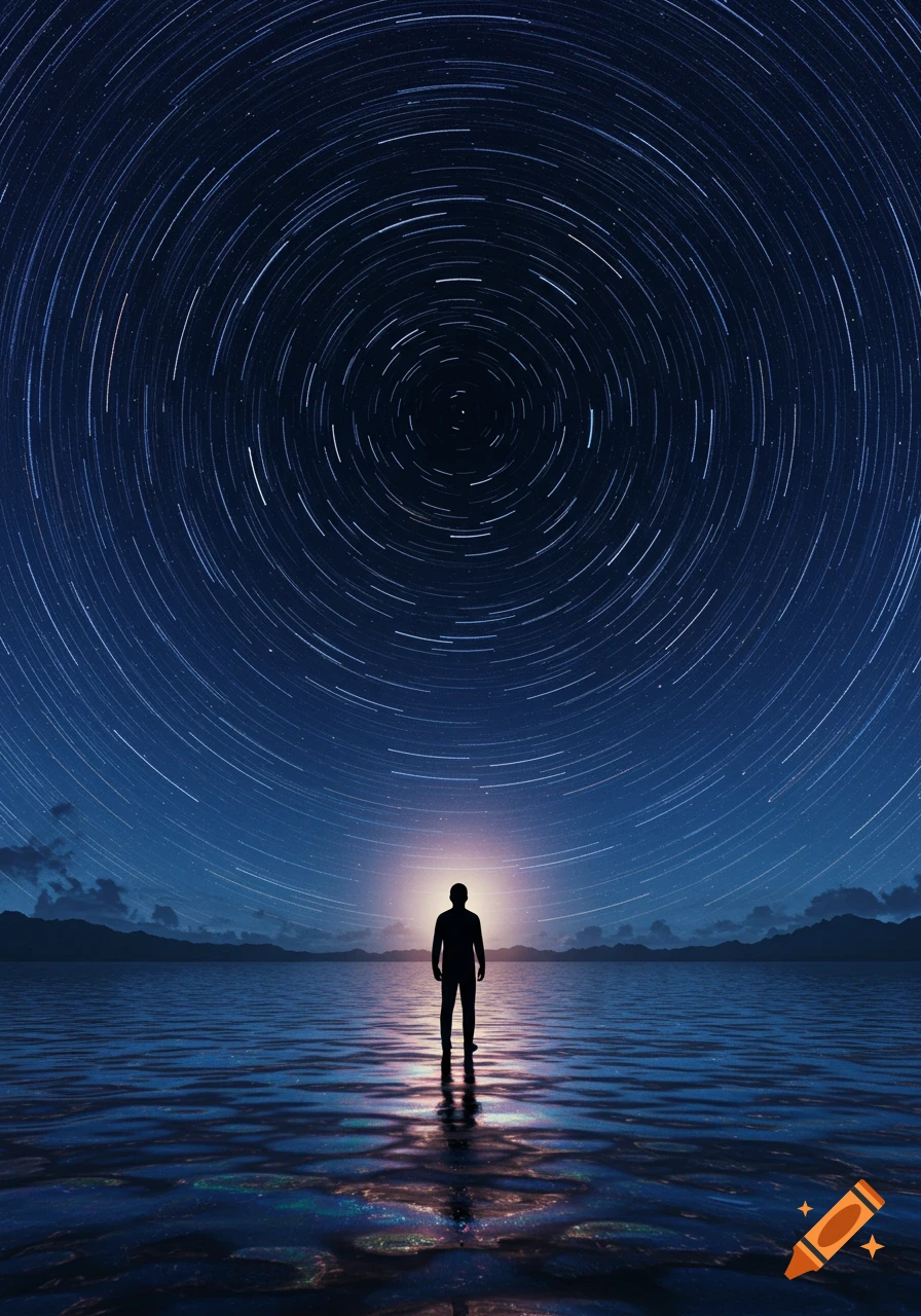 Silhouette of a person standing in calm water under a dark night sky filled with circular star trails.