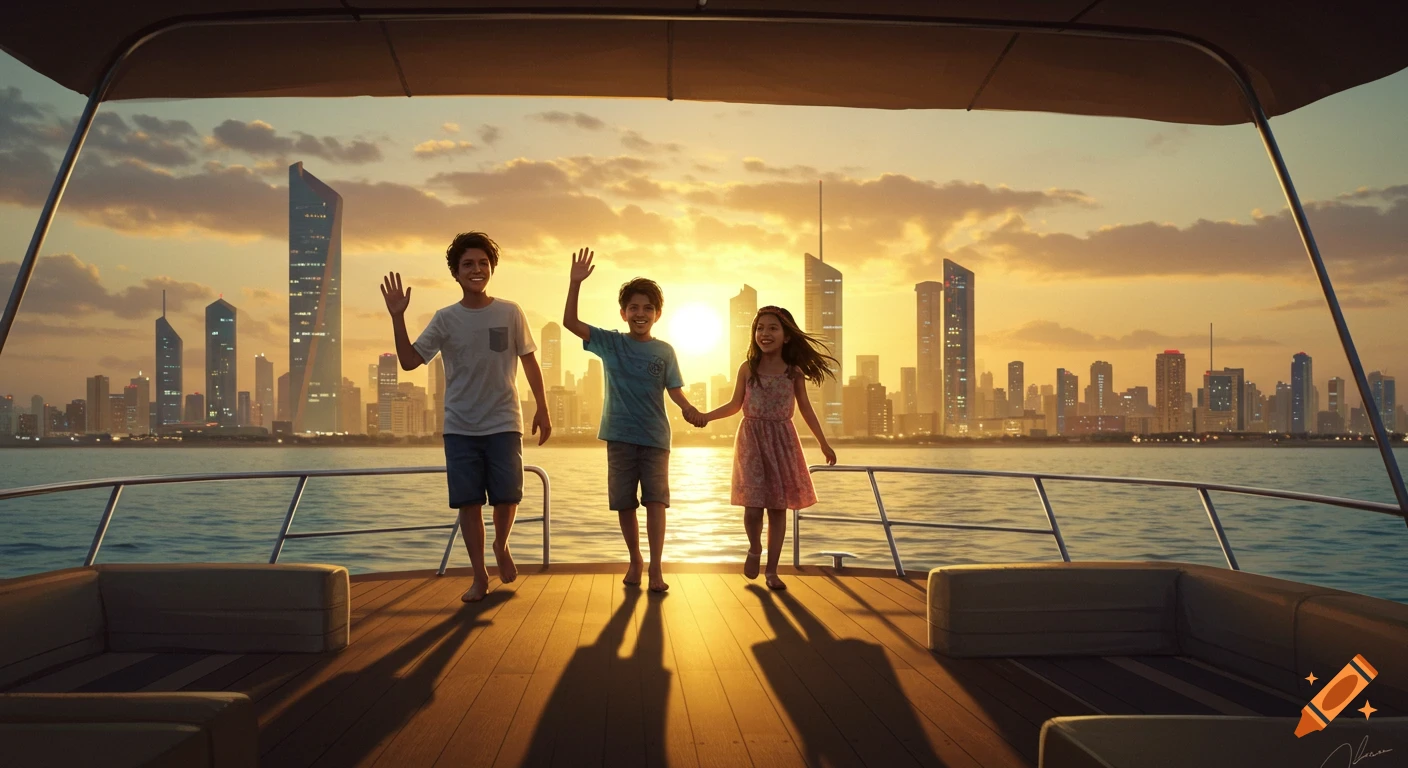 Three children smile and wave on the deck of a boat, with a vibrant city skyline and sunset in the background, cinematic style.
