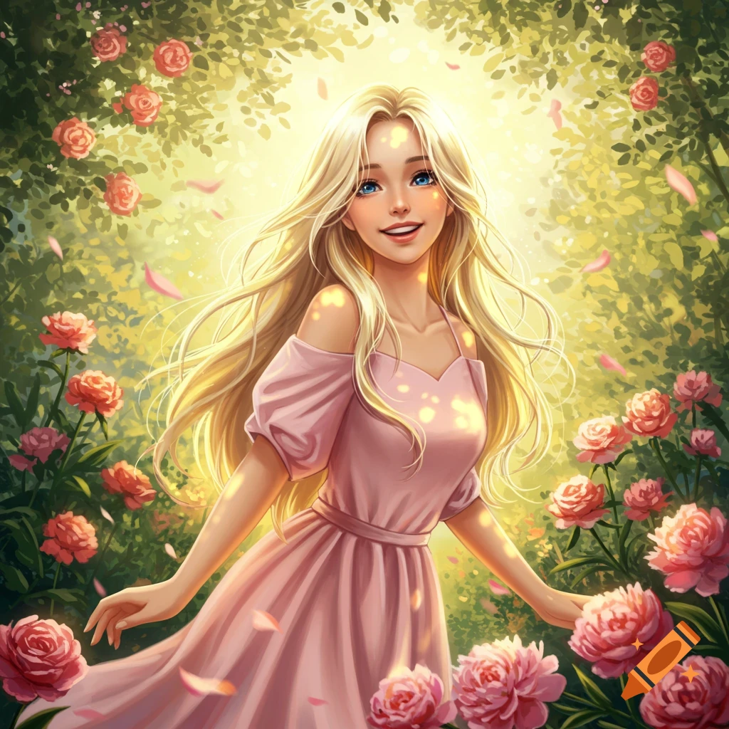 Smiling blonde woman with blue eyes in a pink dress surrounded by pink roses and glowing foliage, digital art.