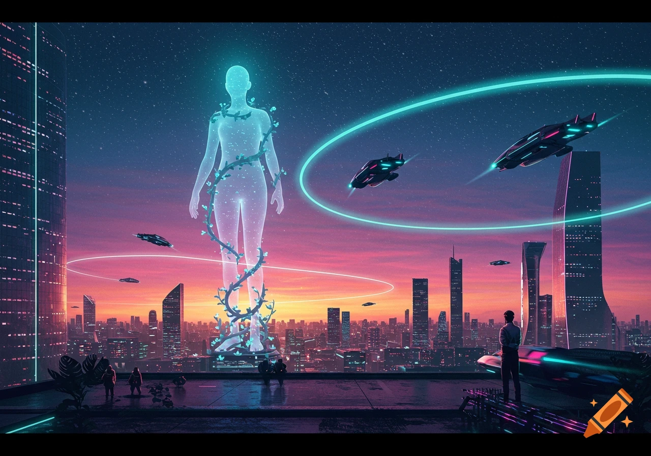 Glowing humanoid figure intertwined with vines in a futuristic city at sunset, with flying vehicles and people on a rooftop.