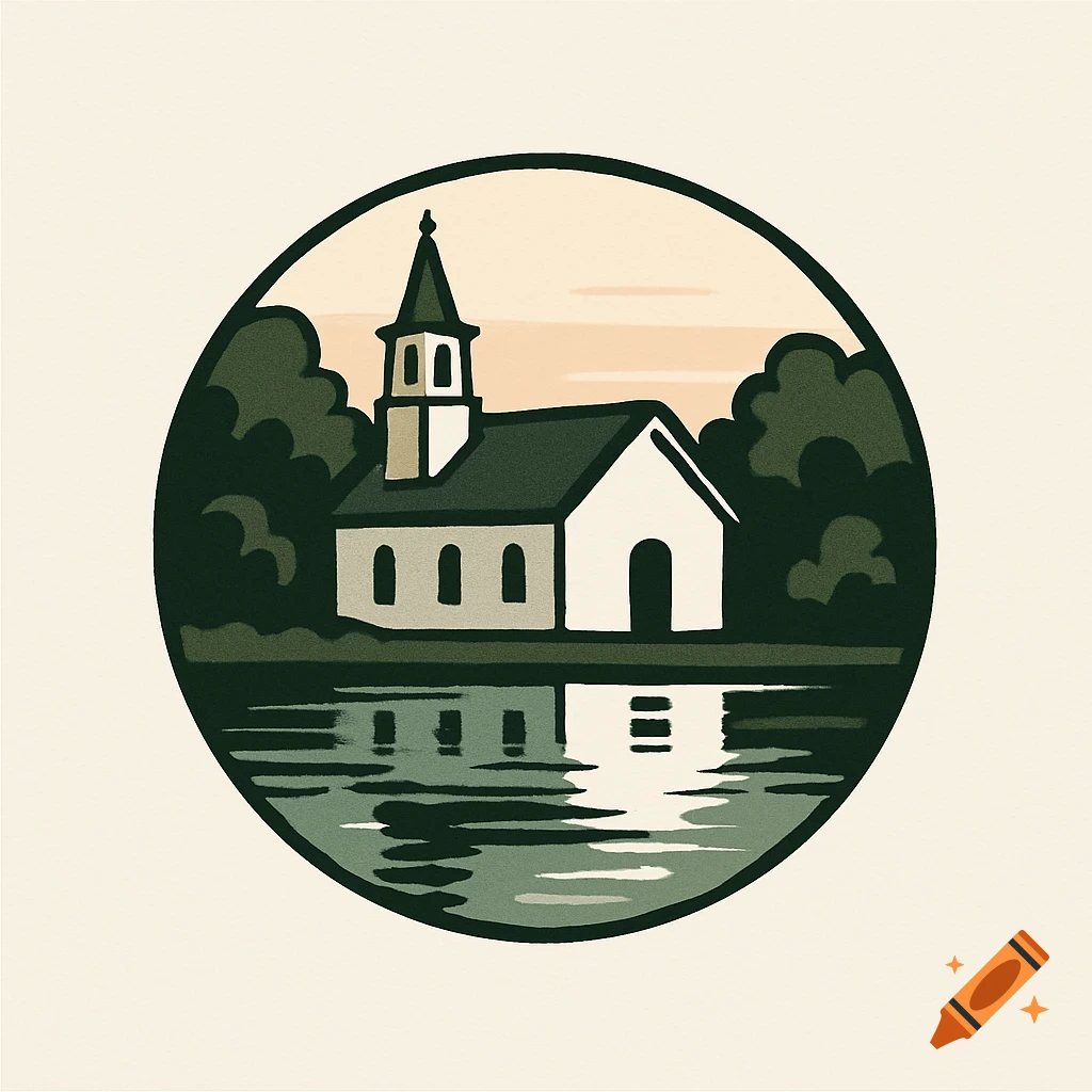 A stylized illustration of a white country church with a bell tower by a lake, surrounded by trees, set within a circular frame.