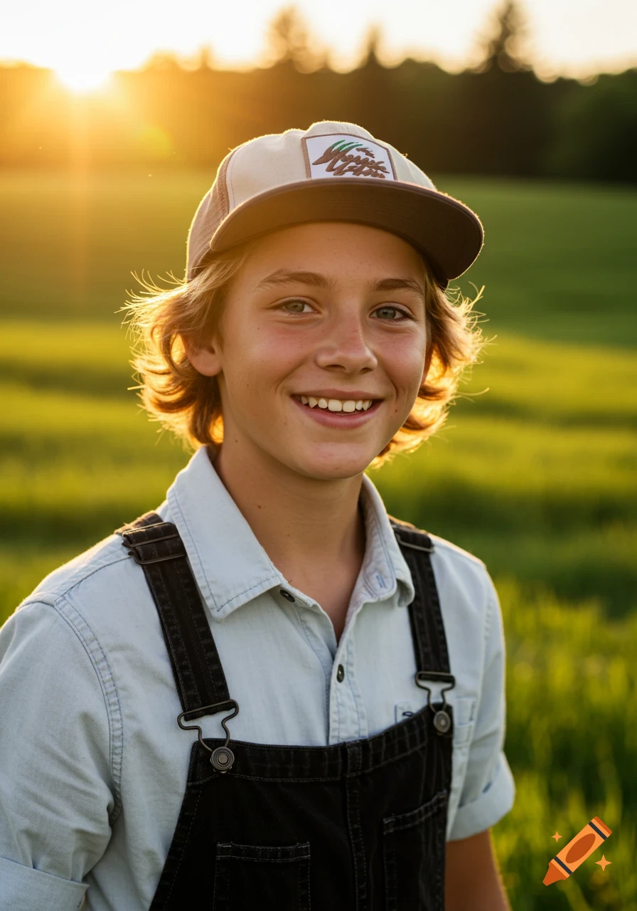 A smiling young boy with tousled hair and a baseball cap, wearing overalls in a sunlit green field at sunset. Photorealistic style.