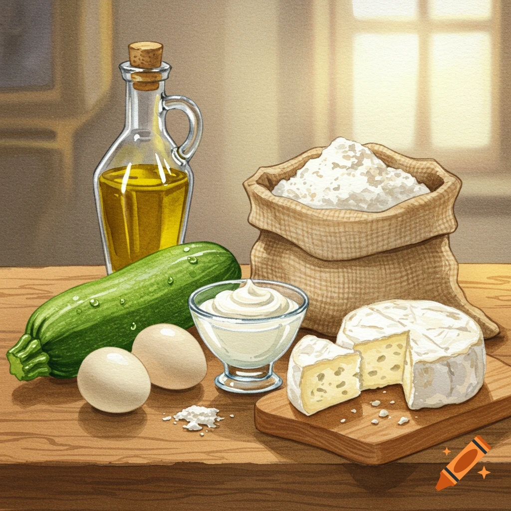 Watercolor still life of cooking ingredients: zucchini, eggs, yogurt, olive oil, flour, and cheese on a wooden table.
